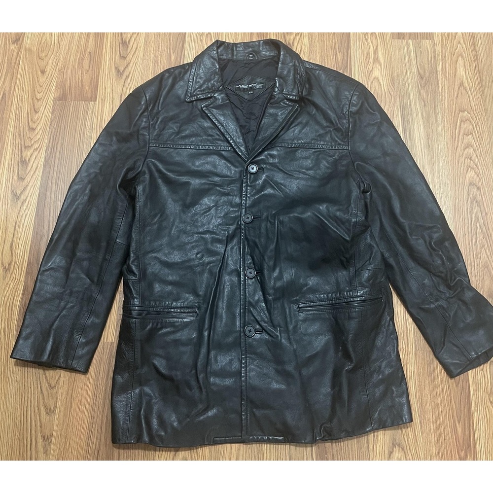 Albert Nipon Leather Car Coat Mens 42R Button Front Black